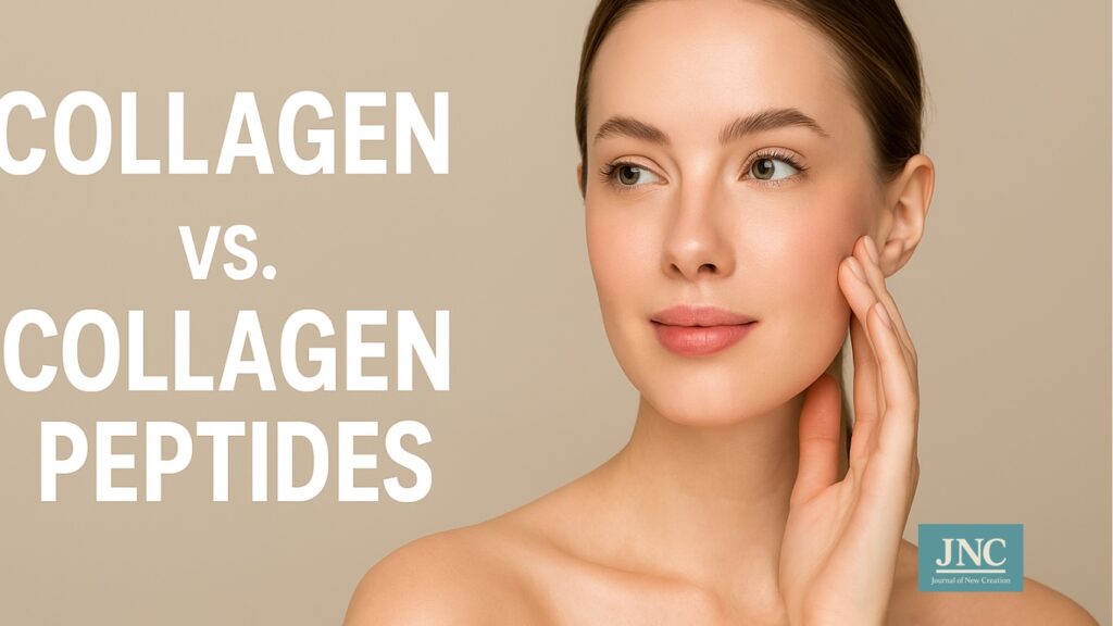 ผู้หญิงผิวใส กำลังสัมผัสใบหน้าตัวเอง พร้อมข้อความ Collagen vs. Collagen Peptides บนพื้นหลังโทนเบจ
