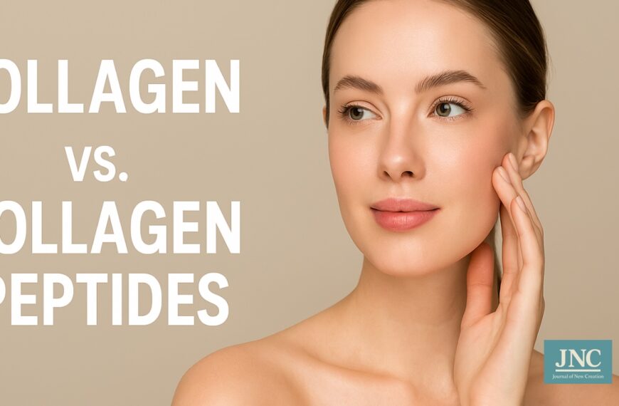 ผู้หญิงผิวใส กำลังสัมผัสใบหน้าตัวเอง พร้อมข้อความ Collagen vs. Collagen Peptides บนพื้นหลังโทนเบจ
