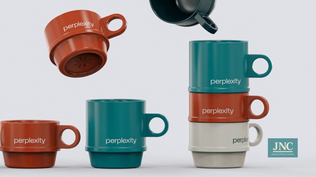 ก้วกาแฟสีแดง ฟ้า ขาว วางซ้อนกันพร้อมโลโก้ Perplexity