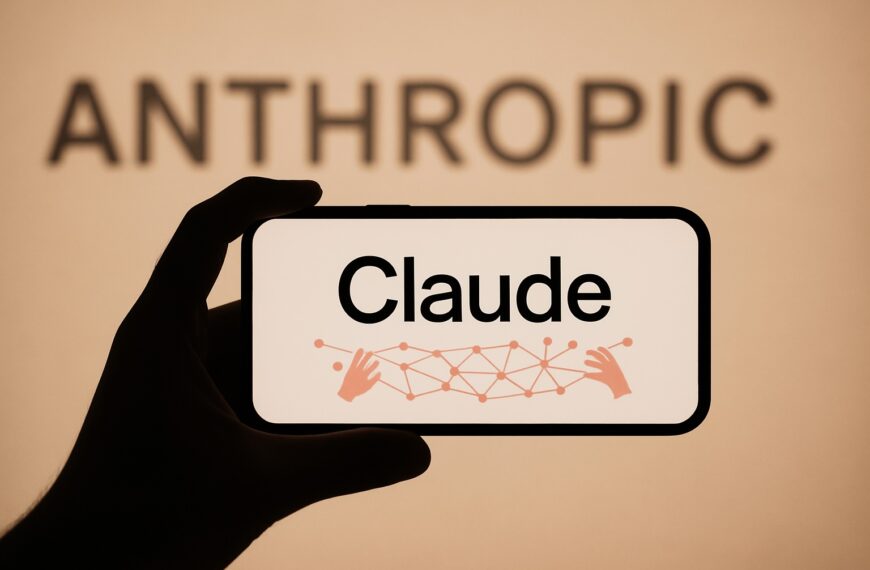 ภาพกราฟิกของมือถือสมาร์ทโฟนที่แสดงคำว่า “Claude” พร้อมเครือข่ายโหนดสีส้มด้านบน พื้นหลังมีข้อความ “Anthropic” อย่างจาง