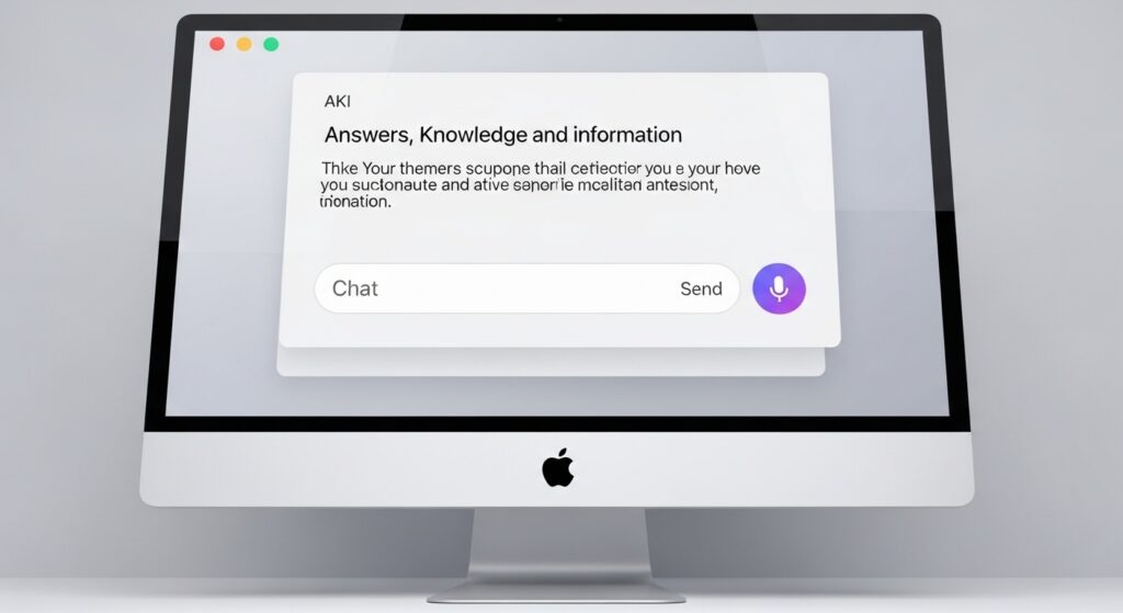 หน้าจอ iMac แสดงอินเทอร์เฟซแชตของ Apple ทีม “Answers, Knowledge and Information” พร้อมกล่องข้อความแสดงตัวอย่างระบบสนทนา AI และปุ่มส่งข้อความด้วยเสียง