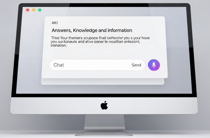 หน้าจอ iMac แสดงอินเทอร์เฟซแชตของ Apple ทีม “Answers, Knowledge and Information” พร้อมกล่องข้อความแสดงตัวอย่างระบบสนทนา AI และปุ่มส่งข้อความด้วยเสียง