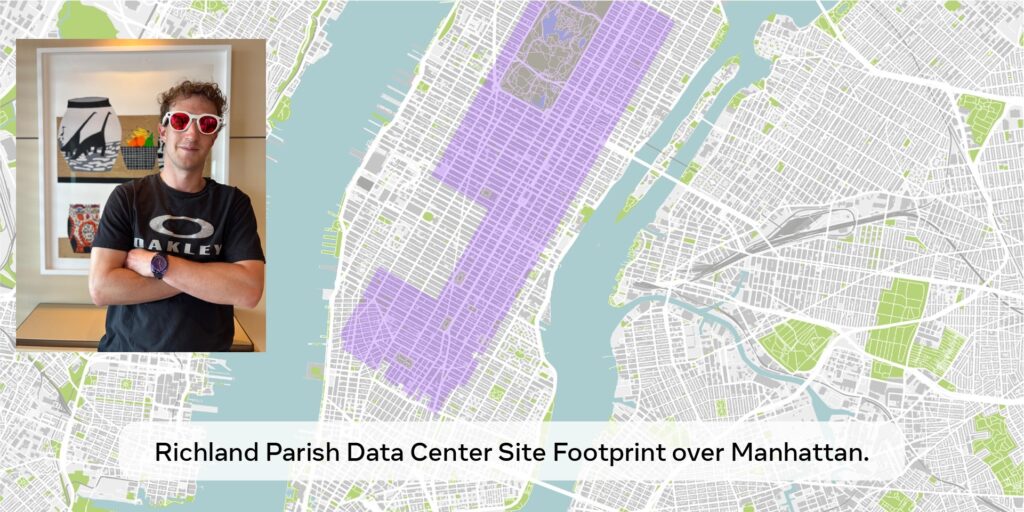 มาร์ก ซักเคอร์เบิร์ก และแผนที่เกาะแมนฮัตตันที่แสดงพื้นที่ครอบคลุมของศูนย์ข้อมูล Hyperion ซึ่งมีขนาดใหญ่ถึง 81% ของแมนฮัตตัน