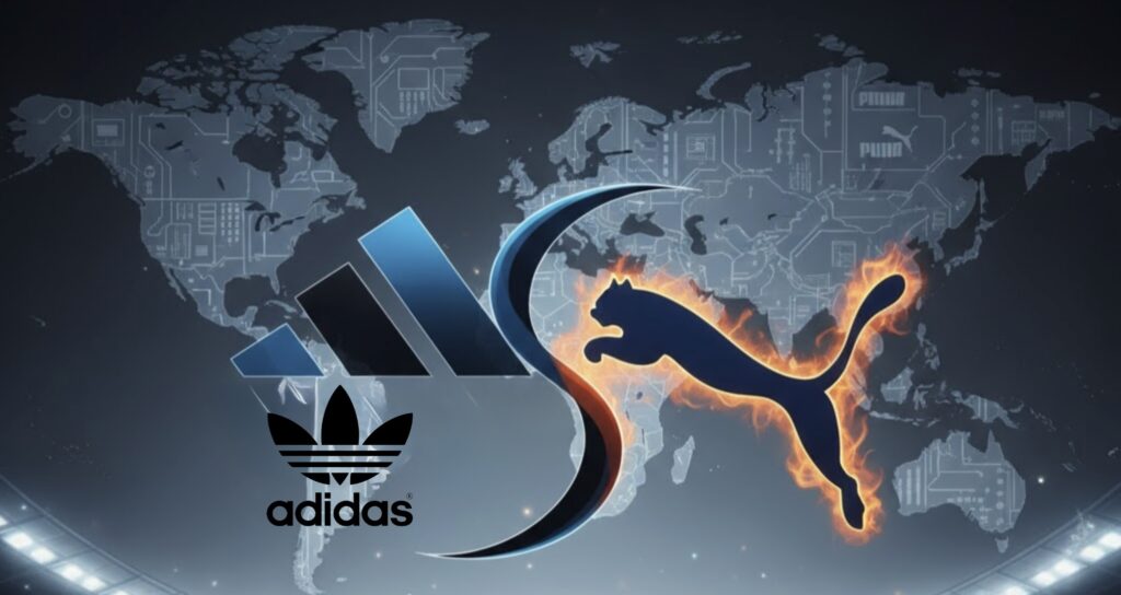 โลโก้ Adidas และ Puma ที่ถูกนำมาเปรียบคู่กัน สื่อถึงข่าวลือการเข้าซื้อกิจการและการปิดฉากความขัดแย้งระหว่างสองแบรนด์คู่แข่งในวงการสปอร์ตแวร์