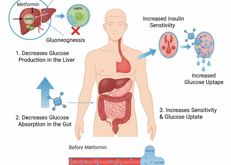 ภาพแสดงยาเมตฟอร์มินที่ใช้รักษาโรคเบาหวานชนิดที่ 2 พร้อมคำอธิบายถึงงานวิจัยใหม่ที่ค้นพบว่าออกฤ