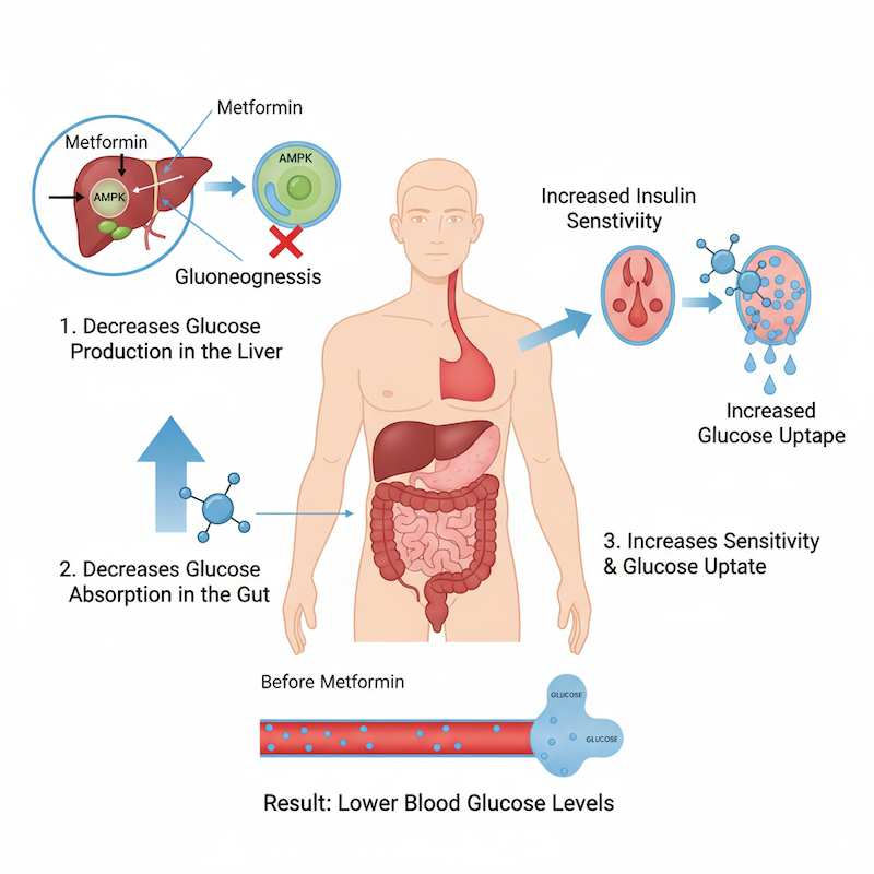 ภาพแสดงยาเมตฟอร์มินที่ใช้รักษาโรคเบาหวานชนิดที่ 2 พร้อมคำอธิบายถึงงานวิจัยใหม่ที่ค้นพบว่าออกฤ