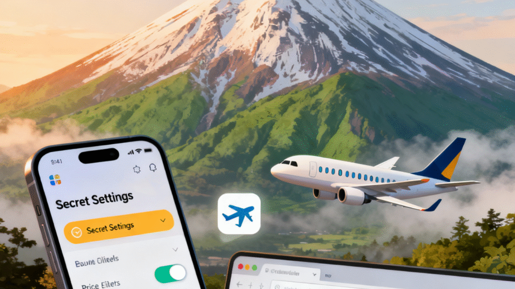 หน้าจอแอปสายการบินที่แสดงราคาตั๋วเครื่องบินหลายคลาสโดยสาร พร้อมผู้โดยสารใช้มือถือค้นหาตั๋วราคาถูก