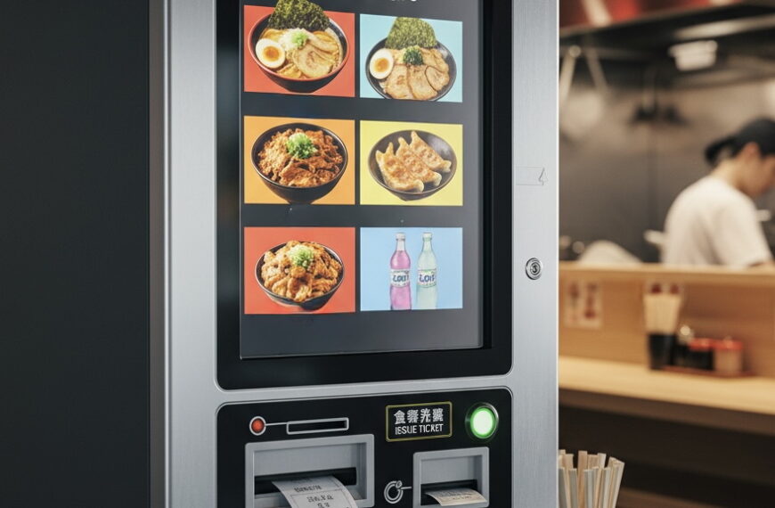 ตู้สั่งอาหาร Shokken Machine ในร้านราเมงญี่ปุ่น พร้อมลูกค้าเลือกเมนูและรับตั๋วอาหาร