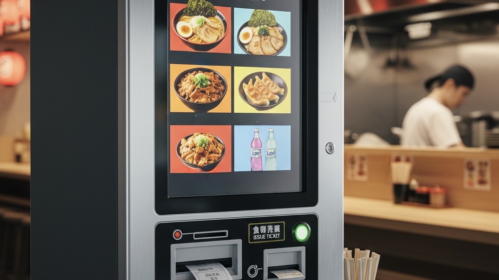 ตู้สั่งอาหาร Shokken Machine ในร้านราเมงญี่ปุ่น พร้อมลูกค้าเลือกเมนูและรับตั๋วอาหาร